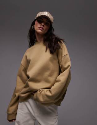 Topshop - Oversize-Sweatshirt in Beige mit Ziernaht-Grün