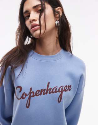 Topshop - Oversize-Sweatshirt in Blau mit „Copenhagen"-Grafik