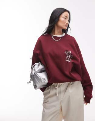 Topshop - Oversize-Sweatshirt in Burgunderrot mit Salut-Grafik