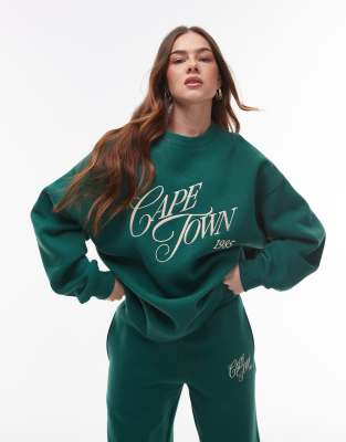 Topshop - Oversize-Sweatshirt in Dunkelgrün mit „Cape Town"-Grafik, Kombiteil