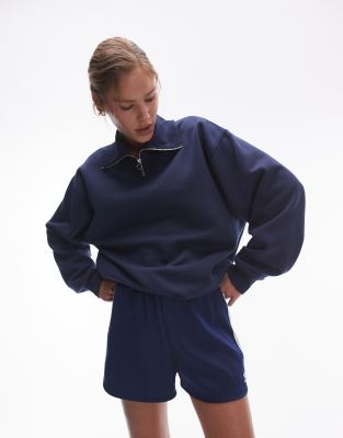 Topshop - Oversize-Sweatshirt in Marineblau mit kurzem Reißverschluss