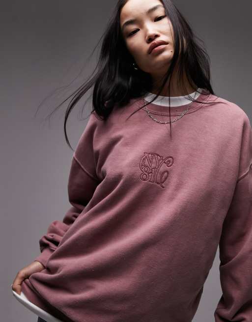 Topshop – Oversize-Sweatshirt in Mauve mit NYC-Stickerei im Kettenstich und Vintage-Waschung