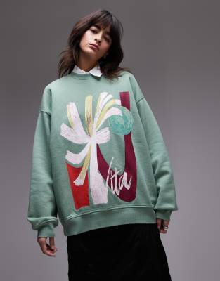 Topshop - Oversize-Sweatshirt in verwaschenem Grün mit abstraktem Print