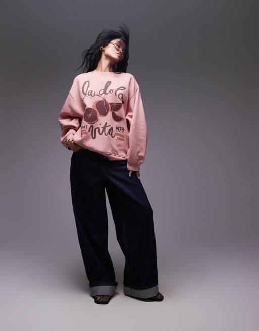 Topshop – Oversize-Sweatshirt in verwaschenem Rosa mit „la dolce vita“-Print