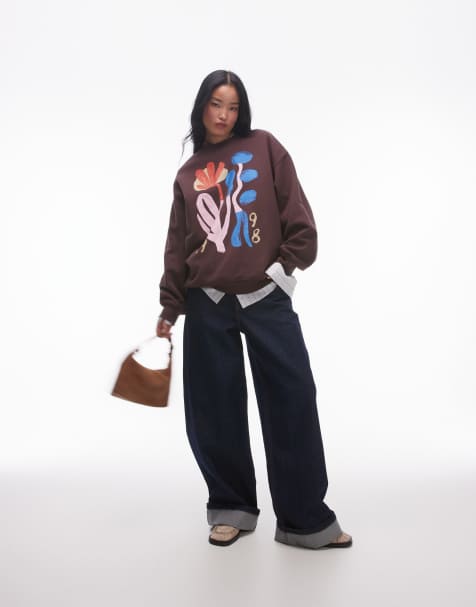 Topshop – Oversize-Sweatshirt in verwaschenem Schokobraun mit Pflanzen-Print - view 1
