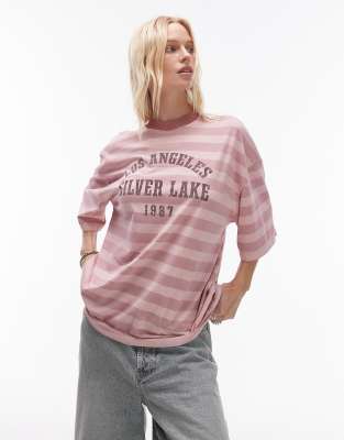 Topshop - Oversize-T-Shirt in Altrosa mit Streifen und „Silver Lake"-Grafik