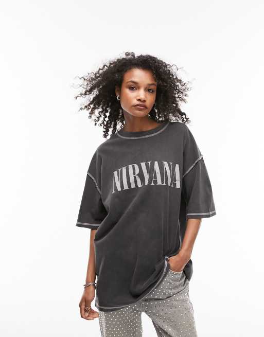 Topshop – Oversize-T-Shirt in Anthrazit mit lizenziertem <em>Nirvana</em>-Grafikprint und Ziernaht