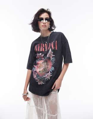 Topshop - Oversize-T-Shirt in Anthrazit mit lizenziertem „Nirvana"-Grafikprint-Grau