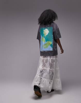 Topshop - Oversize-T-Shirt in Anthrazit mit verschwommenem Rosen-Grafikprint-Grau