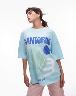 Topshop - Oversize-T-Shirt in Blau mit „Santorini"-Kunstprint