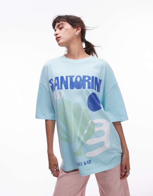 Topshop – Oversize-T-Shirt in Blau mit „Santorini“-Kunstprint