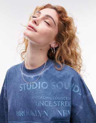 Topshop - Oversize-T-Shirt in Blau mit „Studiosounds 1990"-Grafik