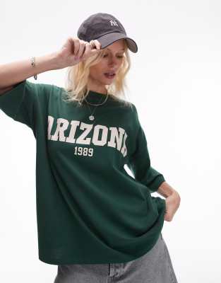 Topshop - Oversize-T-Shirt in Dunkelgrün mit „Arizona"-Print