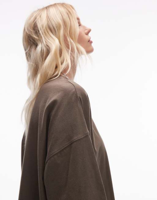 Topshop – Oversize-T-Shirt in dunklem Khaki mit überschnittener Schulter, 3 von 4