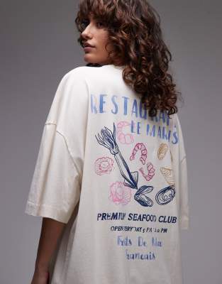 Topshop - Oversize-T-Shirt in Ecru mit Austern-Print-Weiß
