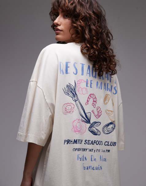 Topshop – Oversize-T-Shirt in Ecru mit Austern-Print - view 1