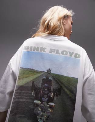 Topshop - Oversize-T-Shirt in Ecru mit lizenziertem Pink Floyd Foto-Grafikprint-Weiß