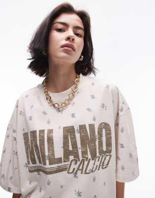 Topshop - Oversize-T-Shirt in Ecru mit „Milano"-Grafikprint und Blumenmuster, Kombiteil-Weiß