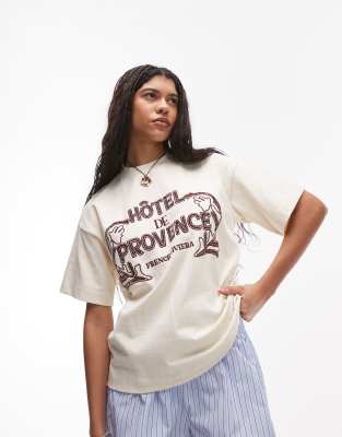 Topshop - Oversize-T-Shirt in Elfenbeinweiß mit „Hotel de Provence"-Aufschrift