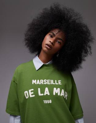 Topshop - Oversize-T-Shirt in Grün mit „De La Mar"-Grafikprint