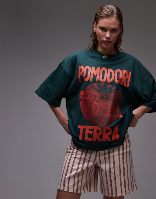 Topshop – Oversize-T-Shirt in Grün mit „Pomodori“-Grafikprint, 2 von 5