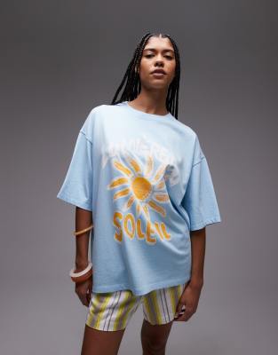 Topshop – Oversize-T-Shirt in Hellblau mit „Soleil“-Print - view 1