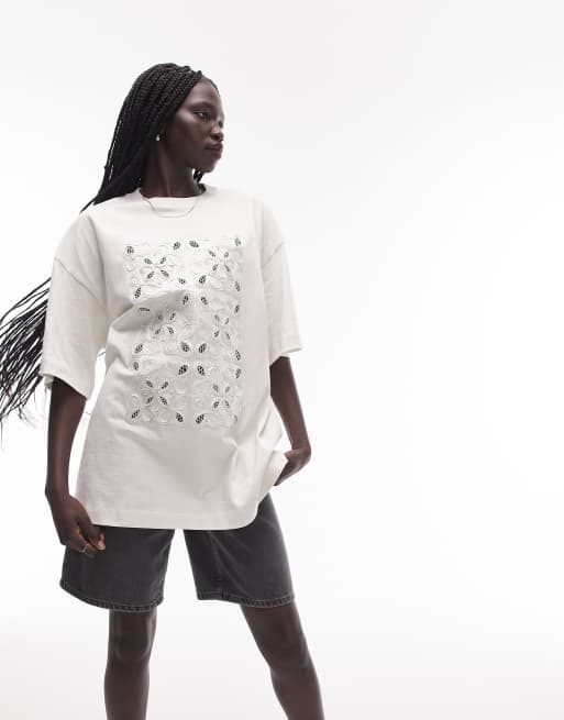 Topshop – Oversize-T-Shirt in Hellgrau mit übergroßem geometrischem Einsatz