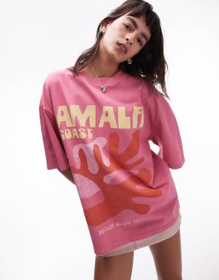 Topshop - Oversize-T-Shirt in Rosa mit Amalfi-Kunst-Grafik