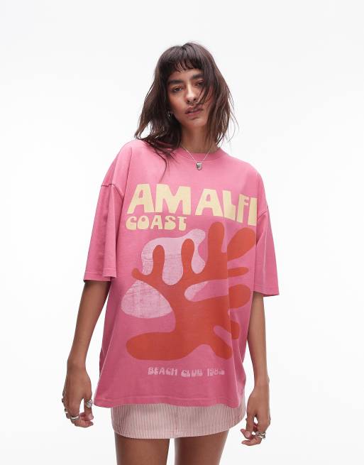 Topshop – Oversize-T-Shirt in Rosa mit Amalfi-Kunst-Grafik, 3 von 5