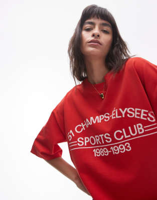 Topshop - Oversize-T-Shirt in Rot mit „Champs Élysse"-Grafikprint