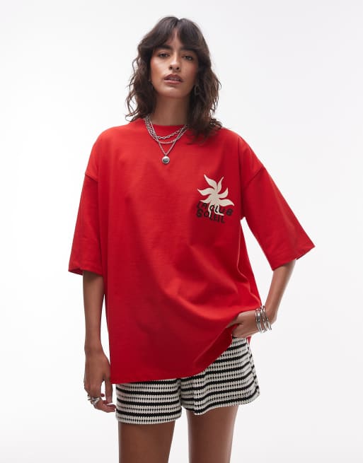 Topshop – Oversize-T-Shirt in Rot mit „La Club Soleil“-Grafik, 3 von 4
