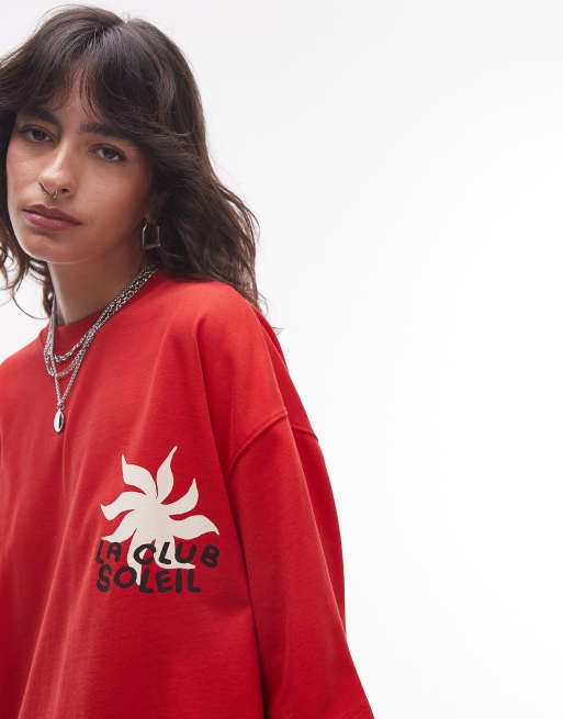 Topshop – Oversize-T-Shirt in Rot mit „La Club Soleil“-Grafik, 4 von 4