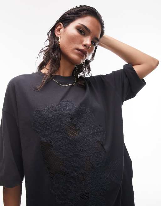 Topshop – Oversize-T-Shirt in Schiefergrau mit großer Blumenstickerei