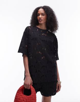 Topshop - Oversize-T-Shirt in Schwarz aus Spitze, Kombiteil