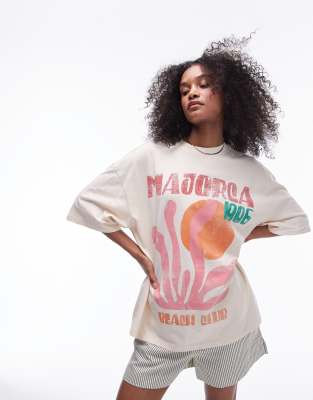 Topshop - Oversize-T-Shirt in Steinbeige mit „Majorca"-Kunstprint-Neutral