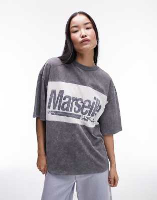 Topshop - Oversize-T-Shirt in verwaschenem Anthrazit mit „Marseille"-Grafikprint-Grau