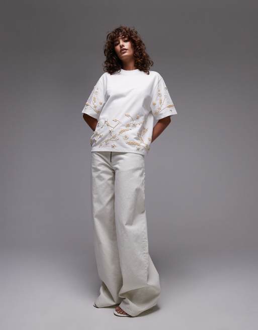 Topshop – Oversize-T-Shirt in Weiß mit Blumenperlenverzierung, 2 von 4