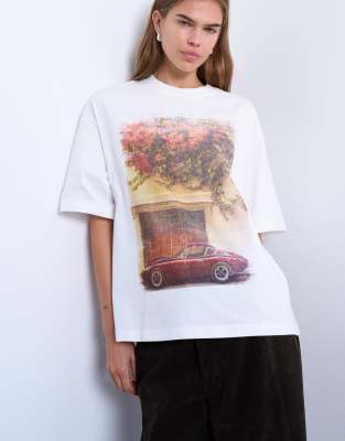 Topshop - Oversize-T-Shirt in Weiß mit Retro-Auto-Grafikprint