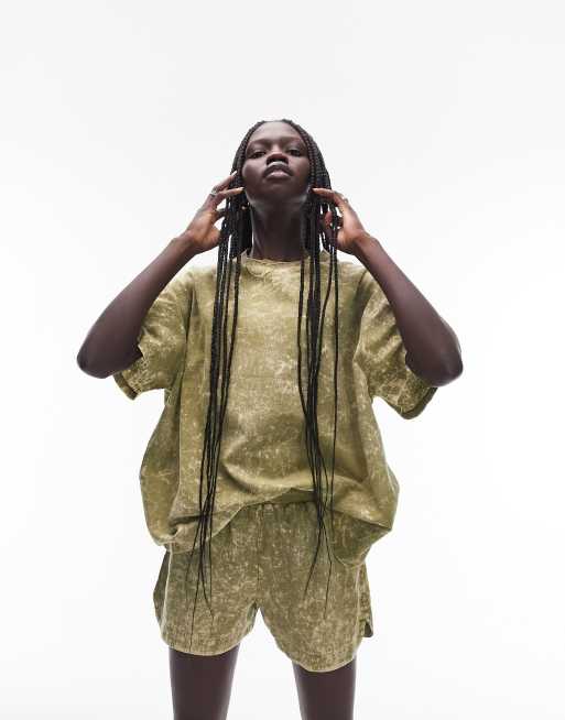 Topshop – Oversize-T-Shirt mit Acid-Waschung in Grün, Kombiteil