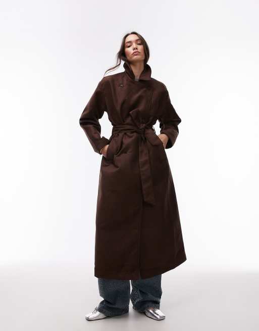 Topshop – Oversize-Trenchcoat aus Wildlederimitat in Schokobraun