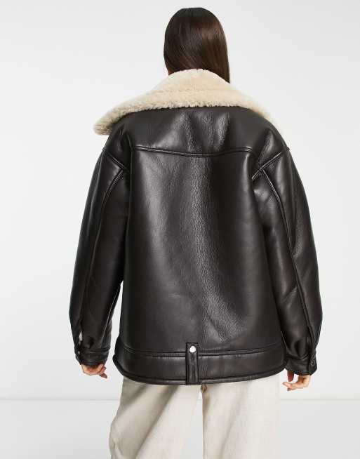 Topshop - Oversized aviator-bikerjakke i brunt og imiteret læder med imiteret lammeskind, 3 af 4