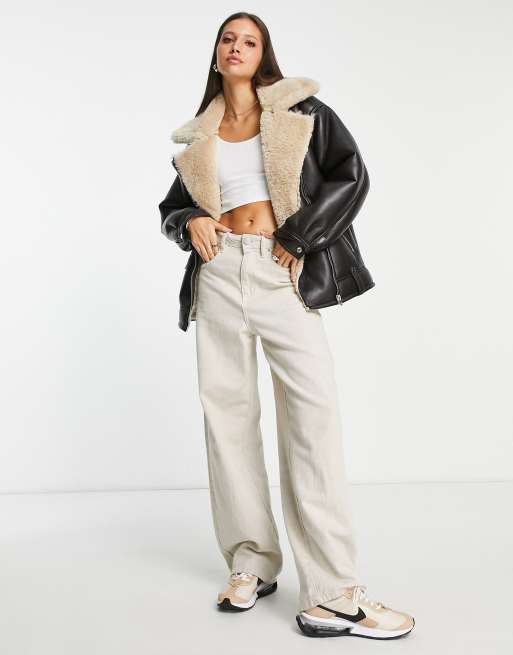 Topshop - Oversized aviator-bikerjakke i brunt og imiteret læder med imiteret lammeskind, 4 af 4