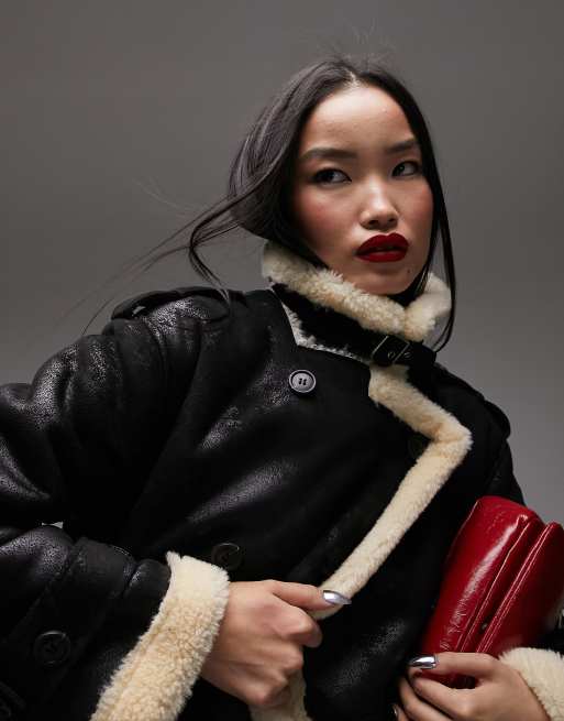 Topshop oversized aviator borg coat in black and honey
