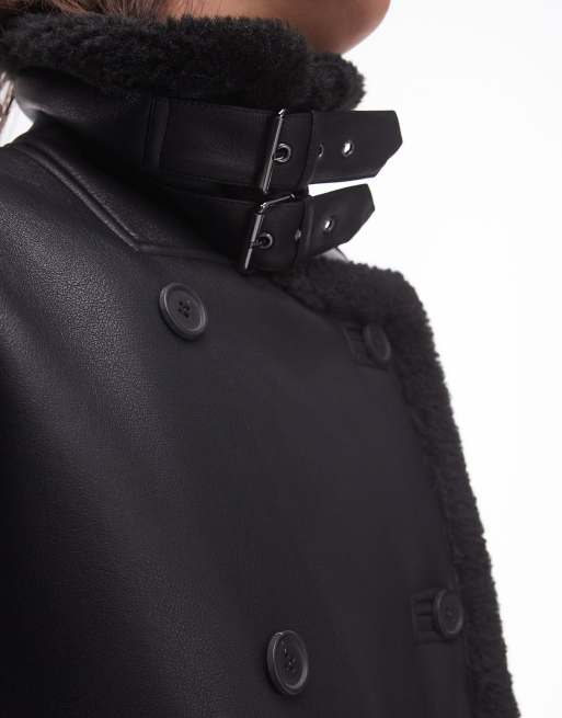 Topshop oversized aviator borg coat in black