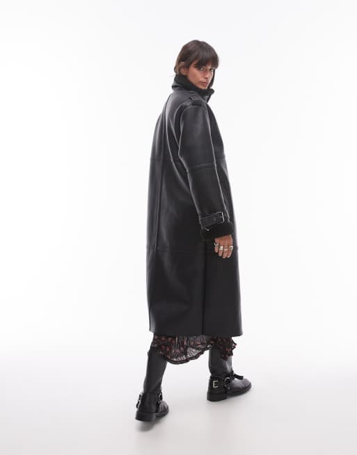 Topshop oversized aviator borg coat in black ASOS