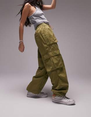 Topshop oversized balloon cargo trouser with contrast trims in khaki-Green