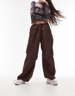 Topshop oversized balloon nylon parachute trouser in chocolate-Brown