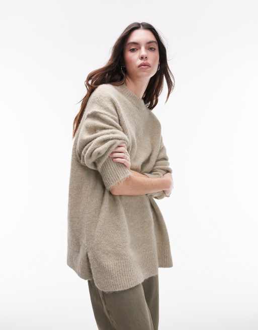 Topshop - Oversized, beige trøje med synlige sømme og rund hals i vamset strik