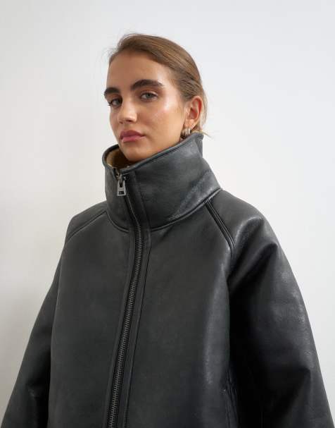 Topshop oversized belted faux leather jacket in black and tan - view 1