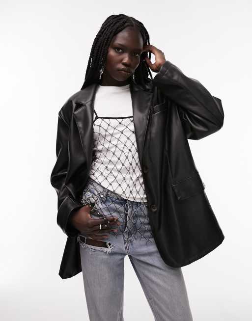 Topshop - Oversized blazer i sort, imiteret læder